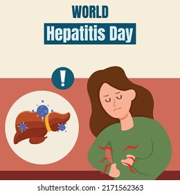 illustration vector graphic of a woman is in pain and holding her stomach, showing a virus-affected liver, perfect for world hepatitis day, medical, celebrate, greeting card, etc.