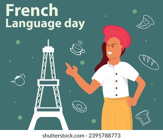 illustration vector graphic of a woman in a pink hat was standing, perfect for international day, french language day, celebrate, greeting card, etc.
