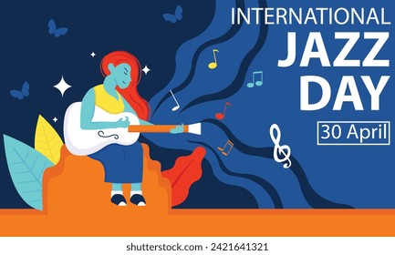illustration vector graphic of a woman is playing the guitar, showing musical notes, perfect for international day, international jazz day, celebrate, greeting card, etc.