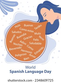 illustration vector graphic of a woman pops out a speech bubble filled with spanish, perfect for international day, world spanish language day, celebrate, greeting card, etc.