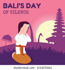 illustration vector graphic of a woman is praying in front of the temple at sunset, perfect for religion, holiday, culture, silence day, greeting card, etc.