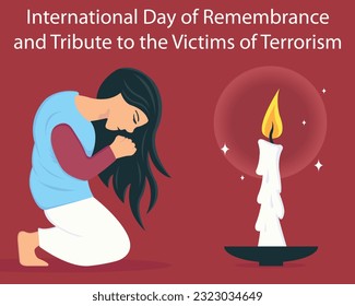 illustration vector graphic of a woman is praying in front of a candle, perfect for international day, remembrance and tribute, te victims of terrorism, celebrate, greeting card, etc.