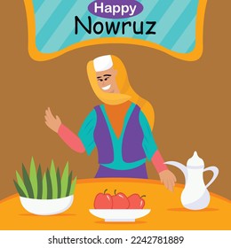 illustration vector graphic of a woman is preparing equipment to commemorate nowruz day, perfect for international day, happy nowruz, celebrate, greeting card, etc.