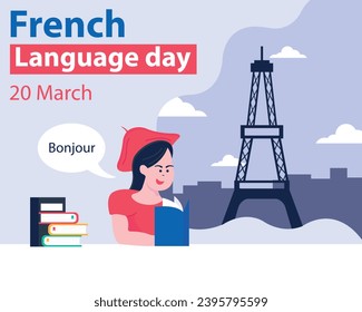 illustration vector graphic of a woman is reading a French dictionary, showing the imagination of the city of Paris, perfect for international day, french language day, celebrate, greeting card, etc.