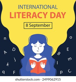 illustration vector graphic of a woman is reading a book, displaying floating alphabet letters, perfect for international day, international literacy day, celebrate, greeting card, etc.