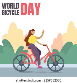illustration vector graphic of a woman riding a bicycle waving on the street, perfect for world bicycle day, transportation, sport, celebrate, greeting card, etc.