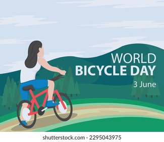 illustration vector graphic of a woman riding a bicycle on a hill road, perfect for international day, world bicycle day, celebrate, greeting card, etc.