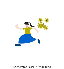 Illustration vector graphic of a woman runs chased by viruses or bacteria.