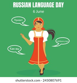 illustration vector graphic of a woman says hello, how are you, and good morning, perfect for international day, russian language day, celebrate, greeting card, etc.