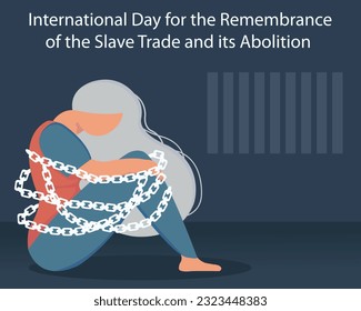 illustration vector graphic of a woman shackled by prison chains, perfect for international day, remembrance, slave trade and ist abolition, celebrate, greeting card, etc.