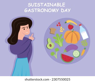 illustration vector graphic of a woman showing healthy and nutritious food, perfect for international day, sustainable gastronomy day, celebrate, greeting card, etc.