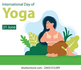 illustration vector graphic of a woman sits facing sideways with yoga movements, perfect for international day, international day of yoga, celebrate, greeting card, etc.