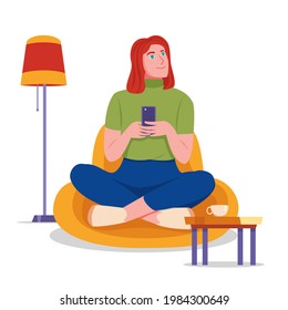Illustration vector graphic of woman sitting on the sofa using her smartphone to send a message.