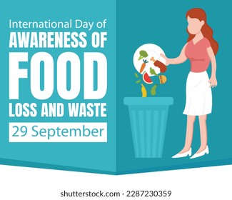 illustration vector graphic of a woman throws food into the trash, perfect for international day, awareness of food loss and waste, celebrate, greeting card, etc.