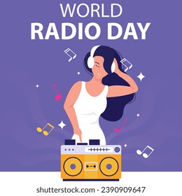 illustration vector graphic of a woman is turning on the radio to listen to music, perfect for international day, world radio day, celebrate, greeting card, etc.
