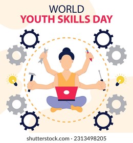 illustration vector graphic of a woman using a laptop, showing four hands holding different tools, perfect for international day, world youth skills day, celebrate, greeting card, etc.