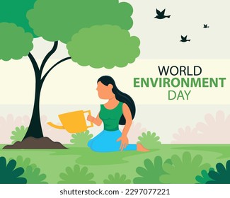 illustration vector graphic of a woman is watering plants in the garden, perfect for international day, world environment day, celebrate, greeting card, etc.