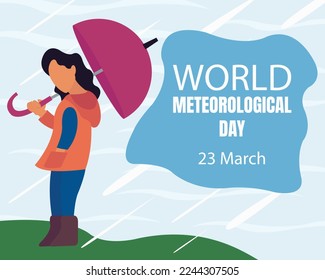 illustration vector graphic of a woman wearing an umbrella when it rains in the garden, perfect for international day, world meteorological day, celebrate, greeting card, etc.