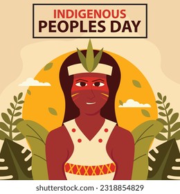 ilustración vectorial de una mujer que usa la ropa tradicional de su tribu, con fondo de hoja verde, perfecta para el día internacional, el día de los pueblos indígenas, celebración, tarjeta de saludo, etc.