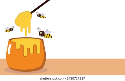 ilustración vectorial gráfico de madera cuchara de miel y tarro, con abejas voladoras, perfecto para el día internacional, día mundial de la abeja, celebrar, tarjeta de felicitación, etc.