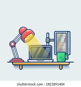 Illustration Vektorgrafik Arbeitsbereich mit Kaffee und Lampe. Notebook und Monitor auf dem Tisch. Programmierarbeitskonzept. Flacher Cartoon-Stil perfekt für Aufkleber, Wallpaper, Symbol, Landing-Page, Website