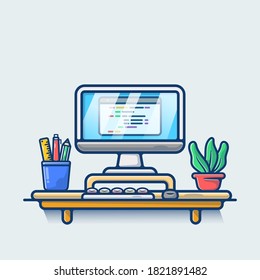 Illustration vector graphic of Workspace with Plant and Stationary. Monitor on table. Programmer Workspace concept. Flat cartoon style perfect for sticker, wallpaper, icon, landing page, website