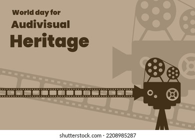 Illustration vector graphic of world day for audiovisual heritage. Old, vintage, mature camera. Movie, film, cinema. Good for poster or banner.