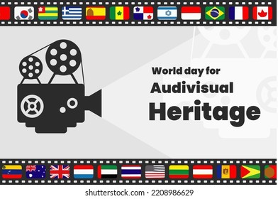 Illustration vector graphic of world day for audiovisual heritage. Old, vintage, mature camera. Movie, film, cinema. Good for poster or banner.