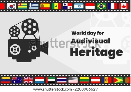 Illustration vector graphic of world day for audiovisual heritage. Old, vintage, mature camera. Movie, film, cinema. Good for poster or banner.
