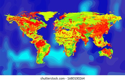 Illustration Vector Graphic Of World Map With Infrared Visual Heat Effect Isolated On Blue Background. Visual Heat Map. Heat Map Vector Illustration. Vector Illustration EPS10.