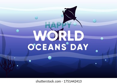 illustration vector graphic of world oceans day concept. Manta ray black silhouette. Underwater blue background with text and water for world oceans day. Vector illustration EPS10.