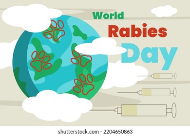 Illustration Vector Graphic Of World Rabies Day. Dog Footprints, Earth, Cloud, Injection. Good For Poster.