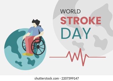 Illustration vector graphic of world stroke day. Patient in wheelchair, earth, heart rate. Good for poster or banner.