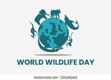 Illustration vector graphic of world wildlife day. Earth with elephant, lion, monkey, whale,kangaroo, crocodile. Good for poster