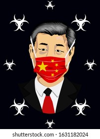 Illustration vector graphic of Xi Jinping wearing china flags surgical mask to prevent Coronavirus and diseases on dark blue background. January 31, 2020.
