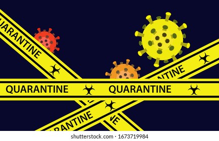 Illustration vector graphic of yellow quarantine tape isolated and covid-19 corona virus on dark blue background. warning sign of quarantine. Good for template background, banner, poster, etc. 
