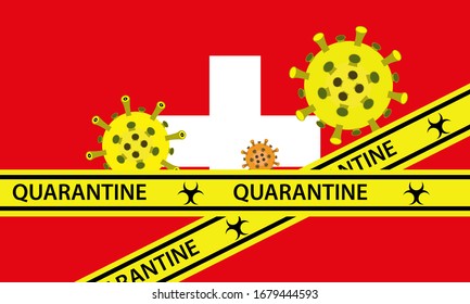 Illustration vector graphic of yellow quarantine tape isolated and covid-19 corona virus on Switzerland flag background. warning sign of quarantine. Good for template background, banner, etc.