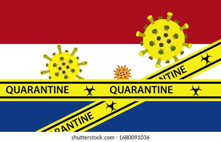 Illustration vector graphic of yellow quarantine tape isolated and covid-19 corona virus on Netherlands flag background. warning sign of quarantine. Good for template background, banner, etc.