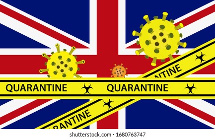Illustration vector graphic of yellow quarantine tape isolated and covid-19 corona virus on United Kingdom flag background. warning sign of quarantine. Good for template background, banner, etc.
