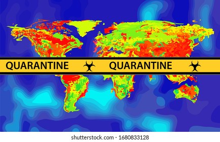 Illustration Vector Graphic Of Yellow Quarantine Tape On World Map With Infrared Visual Heat Effect Background. Visual Heat Map. Heat Map Vector Illustration. Vector Of Yellow Quarantine Tape.