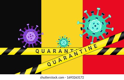 Illustration vector graphic of yellow quarantine tape isolated and covid-19 corona virus on Belgium flag background. warning sign of quarantine. Good for template background, banner, etc.