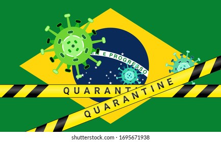 Illustration vector graphic of yellow quarantine tape isolated and covid-19 corona virus on Brazil flag background. warning sign of quarantine. Good for template background, banner, etc.