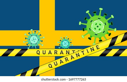 Illustration vector graphic of yellow quarantine tape isolated and covid-19 corona virus on Sweden flag background. warning sign of quarantine. Good for template background, banner, etc.