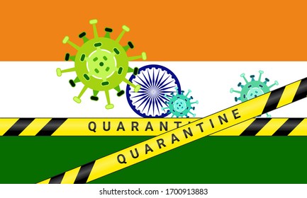Illustration vector graphic of yellow quarantine tape isolated and covid-19 corona virus on india flag background. warning sign of quarantine. Good for template background, banner, etc.