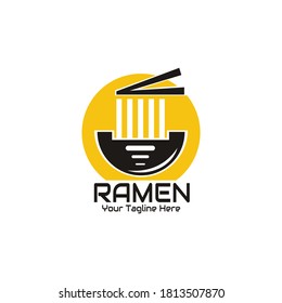 illustration vector graphic of yellow ramen in a pretty bowl, taken with chopsticks, against the backdrop of the sun, perfect for ramen, noodle, fastfood, cafe, restaurant, resto, etc.