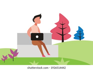 illustration vector graphic of a young boy is using a laptop on a park bench, perfect for technology, computer, internet, freelancer, working, studying, design, etc.

