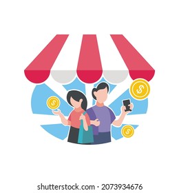 illustration vector graphic of a young couple is promoting an online store while holding a smartphone, perfect for technology, business, internet, enterpenuer, etc.

