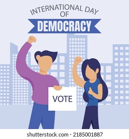 ilustración vectorial de una pareja joven sosteniendo tarjetas de votación, mostrando rascacielos en el fondo, perfecto para el día internacional de la democracia, celebrar, saludar, político, etc.