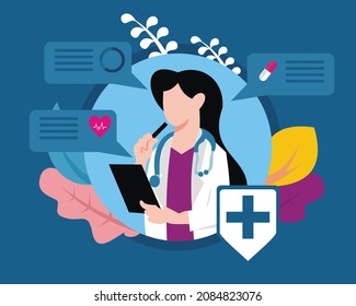 illustration vector graphic of young doctor holding a note and pen, showing capsule and heat rate, perfect for medical, pharmacy, hospital, healthy, etc.