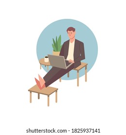 Illustration vector graphic of young man work from home in pastel color isolated on white background. Fit for freelancer character design